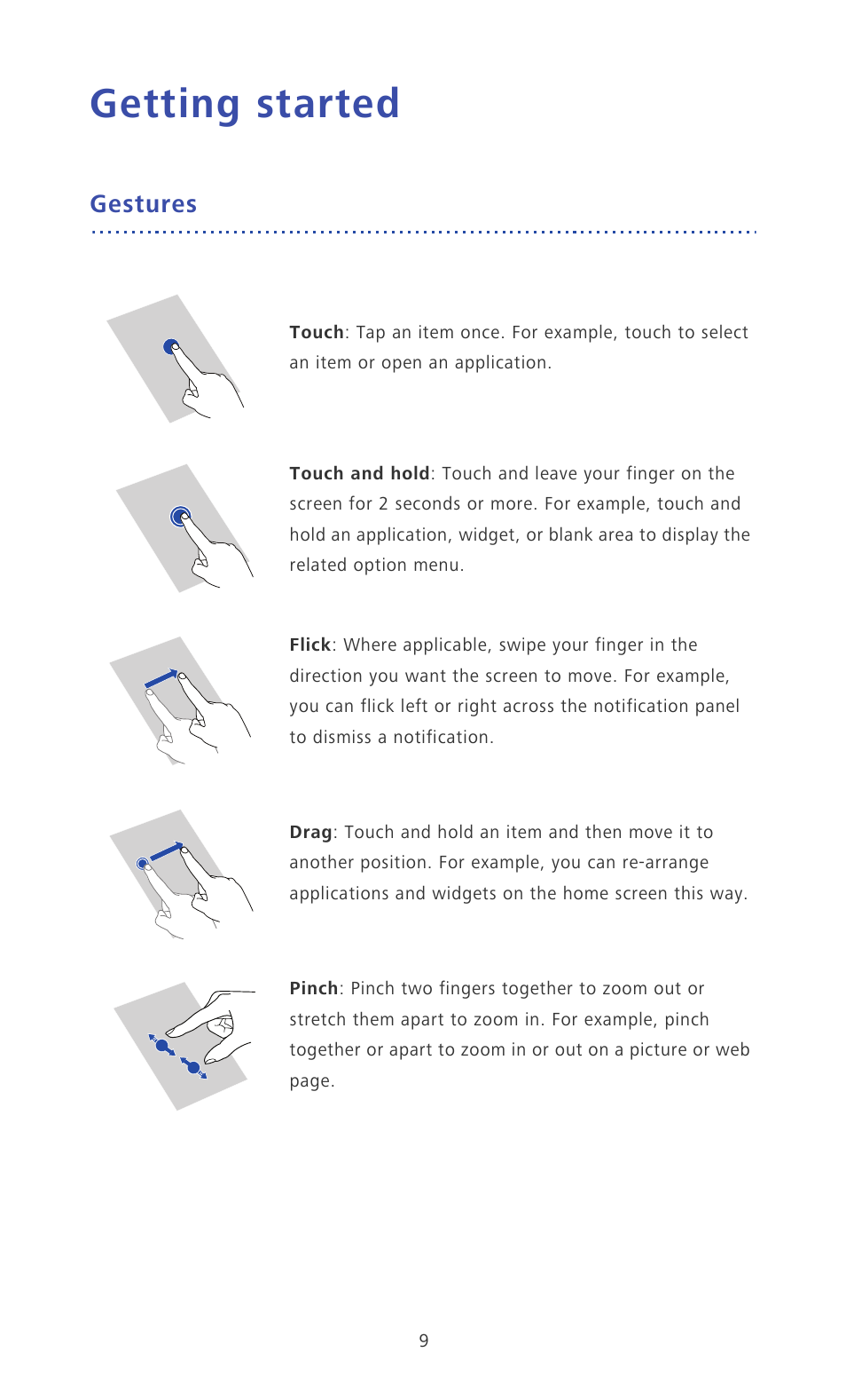 Getting started, Gestures | Huawei Ascend P6 Quick Start User Manual | Page 14 / 107