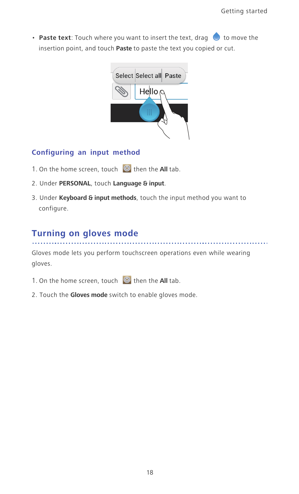 Configuring an input method, Turning on gloves mode | Huawei Ascend P6 Quick Start User Manual | Page 23 / 107