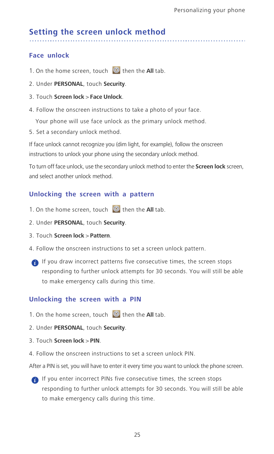 Setting the screen unlock method, Face unlock, Unlocking the screen with a pattern | Unlocking the screen with a pin | Huawei Ascend P6 Quick Start User Manual | Page 30 / 107
