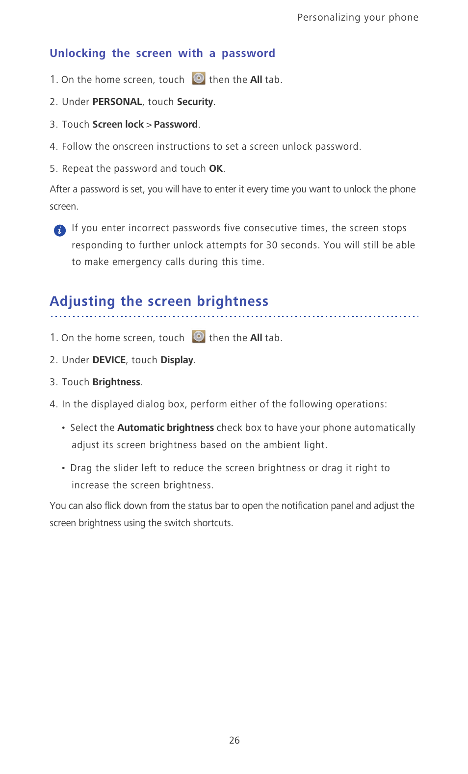 Unlocking the screen with a password, Adjusting the screen brightness | Huawei Ascend P6 Quick Start User Manual | Page 31 / 107