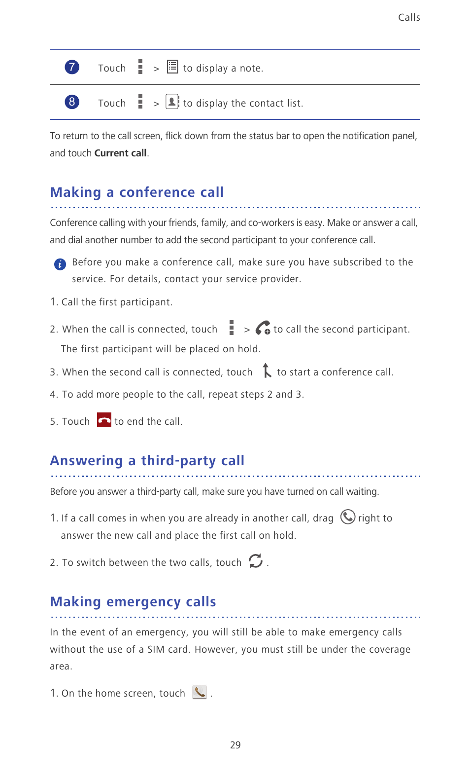 Making a conference call, Answering a third-party call, Making emergency calls | Huawei Ascend P6 Quick Start User Manual | Page 34 / 107