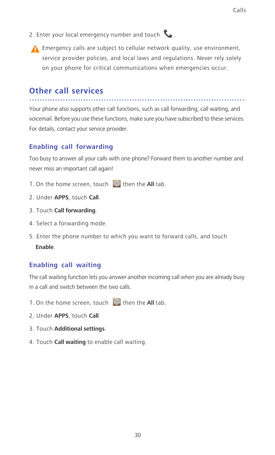 Other call services, Enabling call forwarding, Enabling call waiting | Huawei Ascend P6 Quick Start User Manual | Page 35 / 107