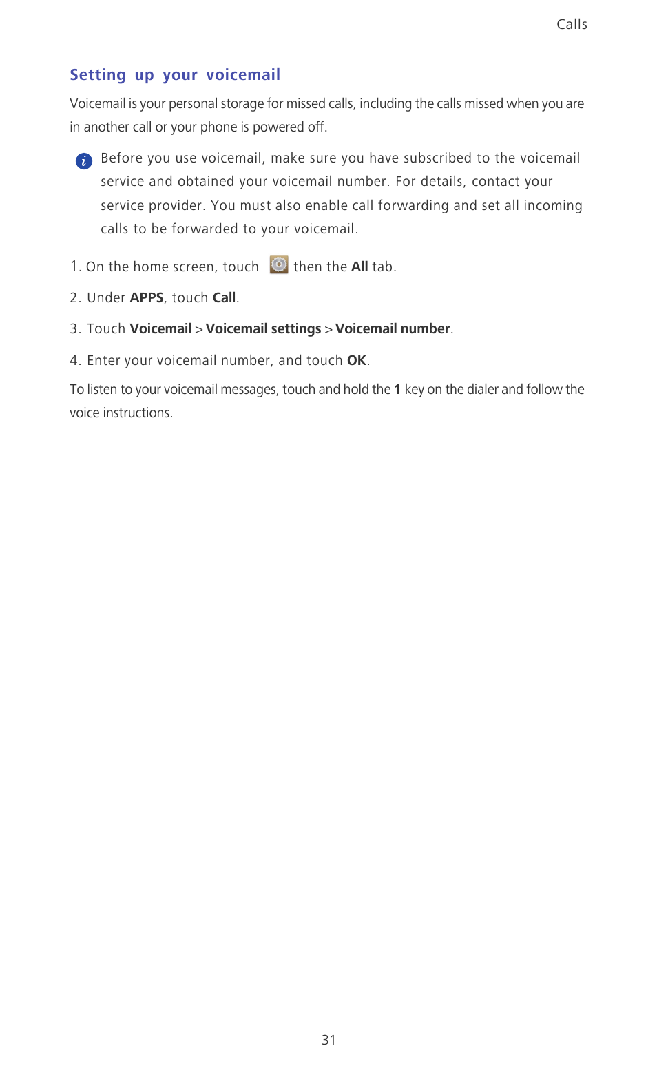Setting up your voicemail | Huawei Ascend P6 Quick Start User Manual | Page 36 / 107