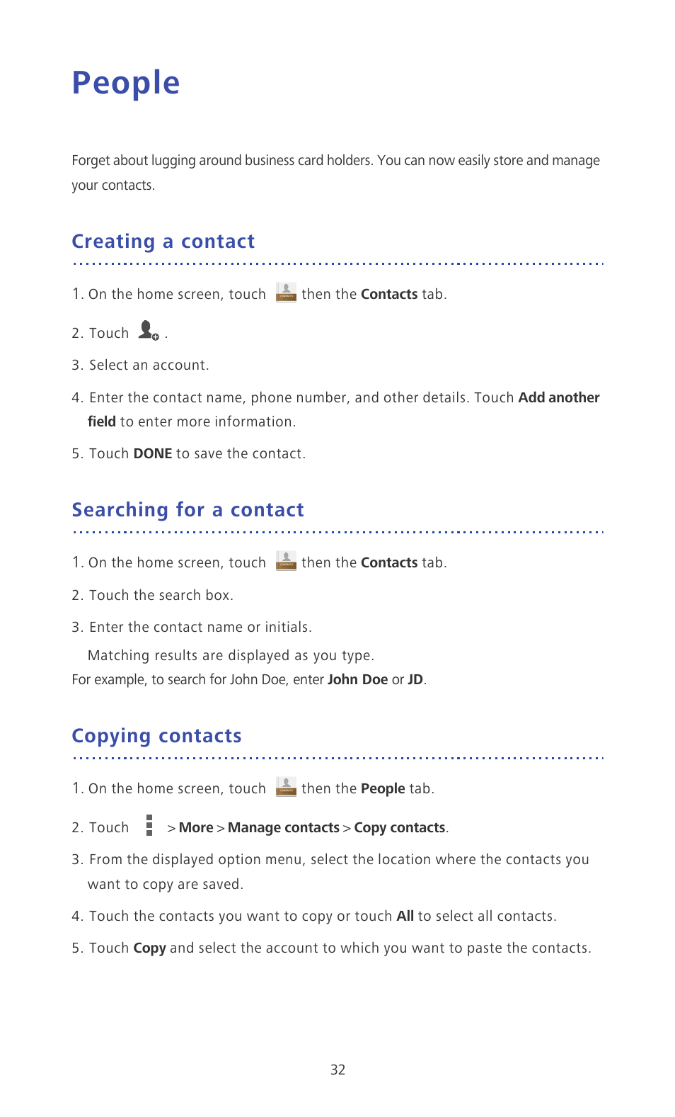 People, Creating a contact, Searching for a contact | Copying contacts | Huawei Ascend P6 Quick Start User Manual | Page 37 / 107