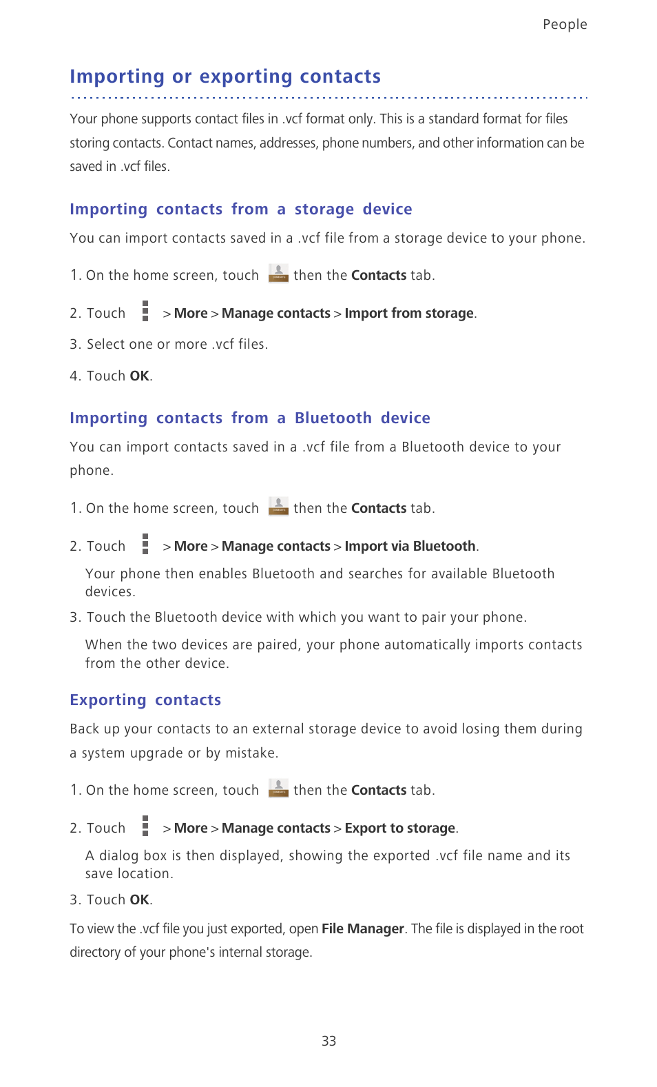 Importing or exporting contacts, Importing contacts from a storage device, Importing contacts from a bluetooth device | Exporting contacts | Huawei Ascend P6 Quick Start User Manual | Page 38 / 107