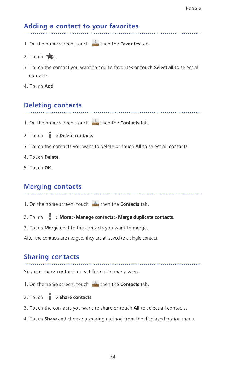 Adding a contact to your favorites, Deleting contacts, Merging contacts | Sharing contacts | Huawei Ascend P6 Quick Start User Manual | Page 39 / 107