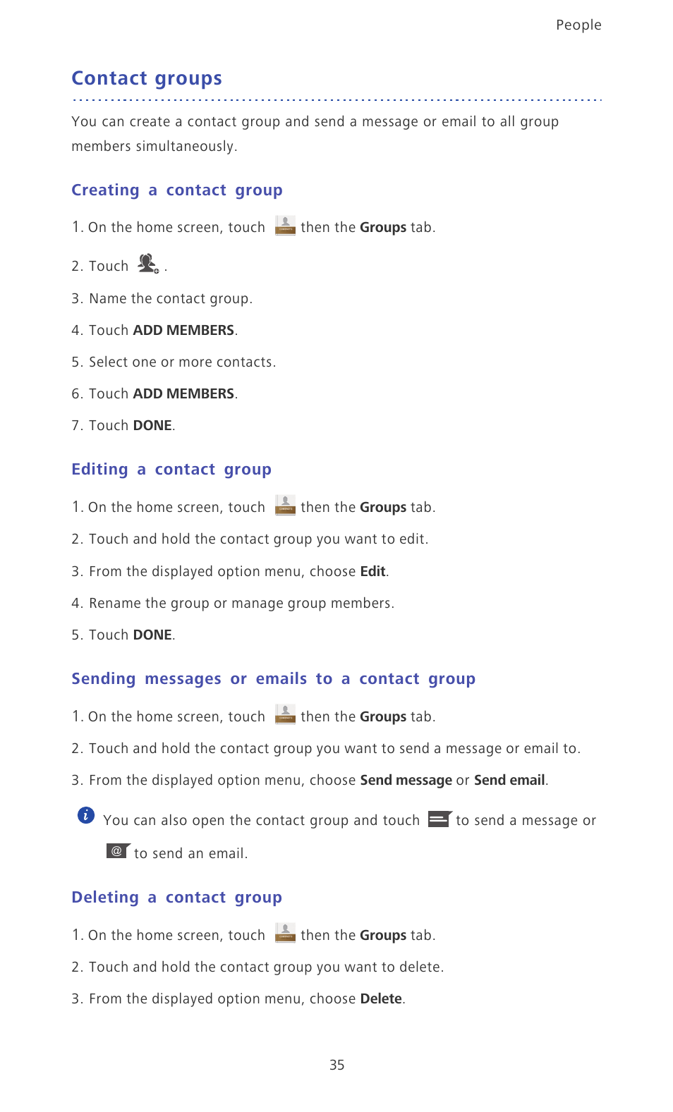 Contact groups, Creating a contact group, Editing a contact group | Sending messages or emails to a contact group, Deleting a contact group | Huawei Ascend P6 Quick Start User Manual | Page 40 / 107