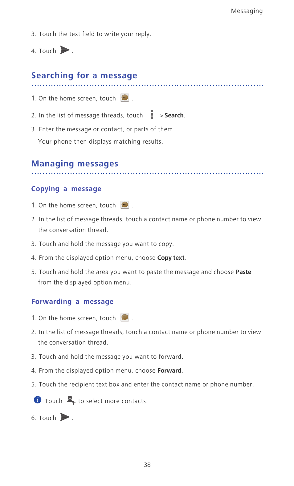 Searching for a message, Managing messages, Copying a message | Forwarding a message | Huawei Ascend P6 Quick Start User Manual | Page 43 / 107