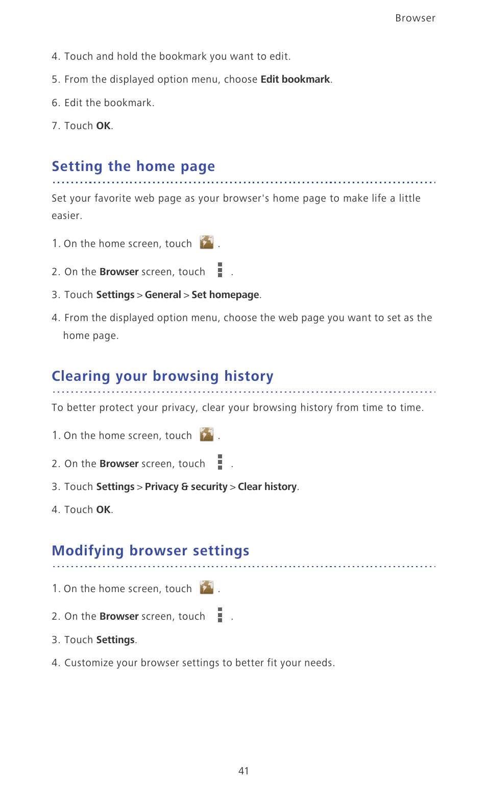 Clearing your browsing history, Modifying browser settings, Setting the home page | Huawei Ascend P6 Quick Start User Manual | Page 46 / 107