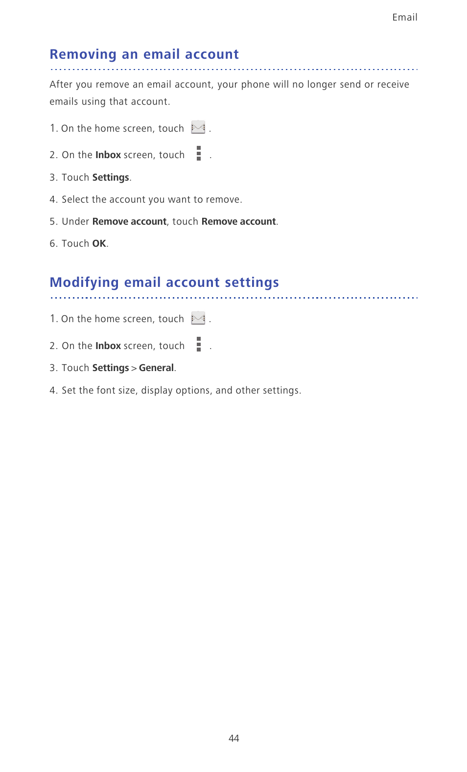 Removing an email account, Modifying email account settings | Huawei Ascend P6 Quick Start User Manual | Page 49 / 107