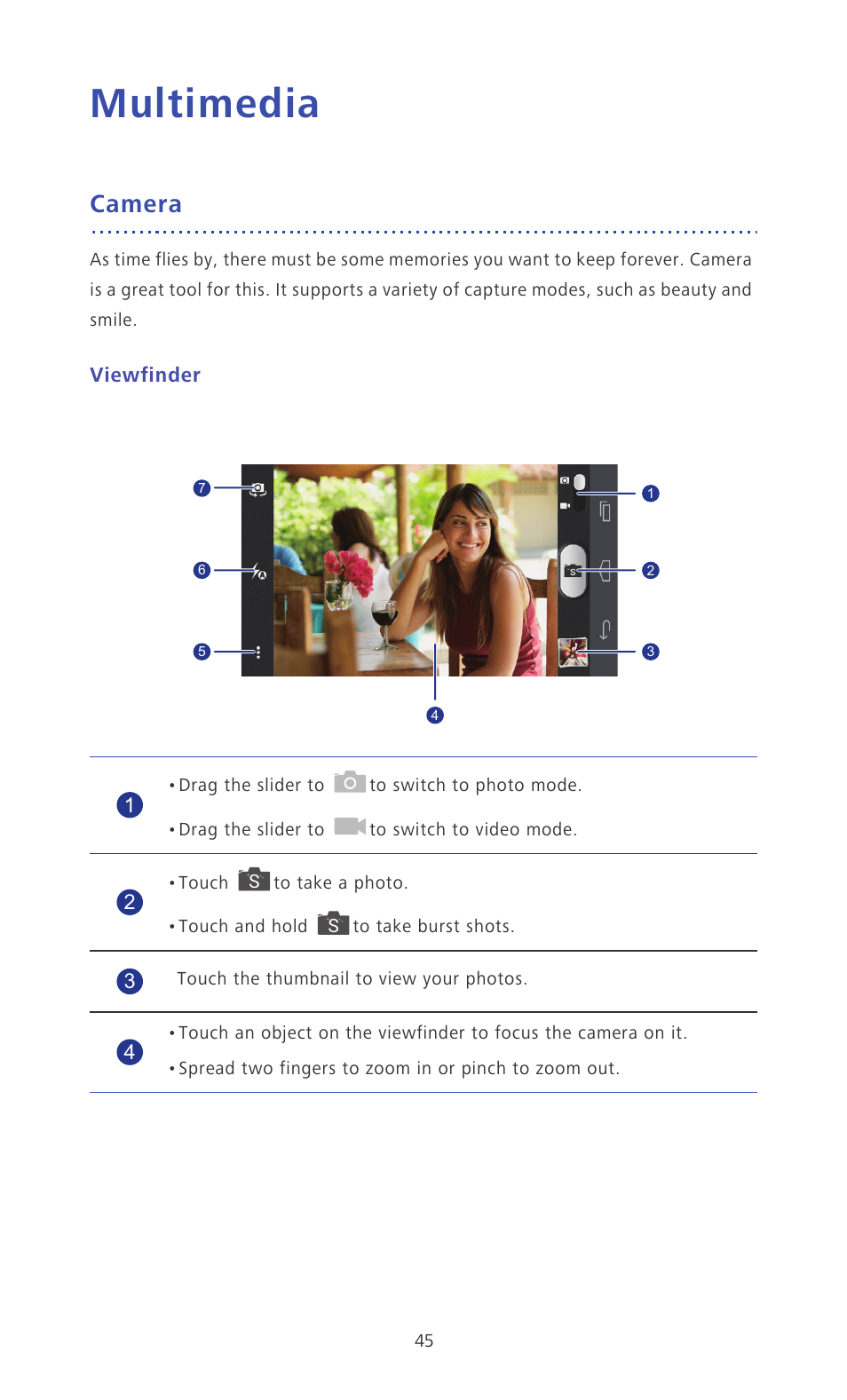 Multimedia, Camera, Viewfinder | Huawei Ascend P6 Quick Start User Manual | Page 50 / 107