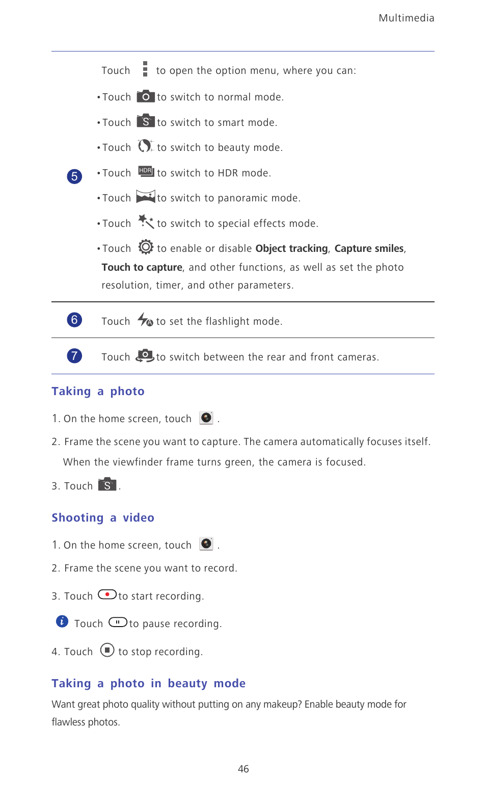 Taking a photo, Shooting a video, Taking a photo in beauty mode | Huawei Ascend P6 Quick Start User Manual | Page 51 / 107