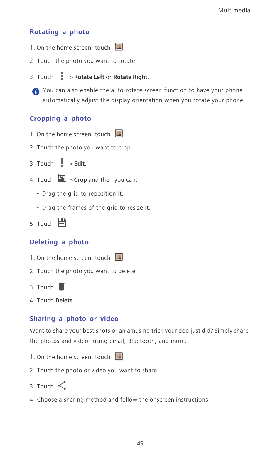 Rotating a photo, Cropping a photo, Deleting a photo | Sharing a photo or video | Huawei Ascend P6 Quick Start User Manual | Page 54 / 107