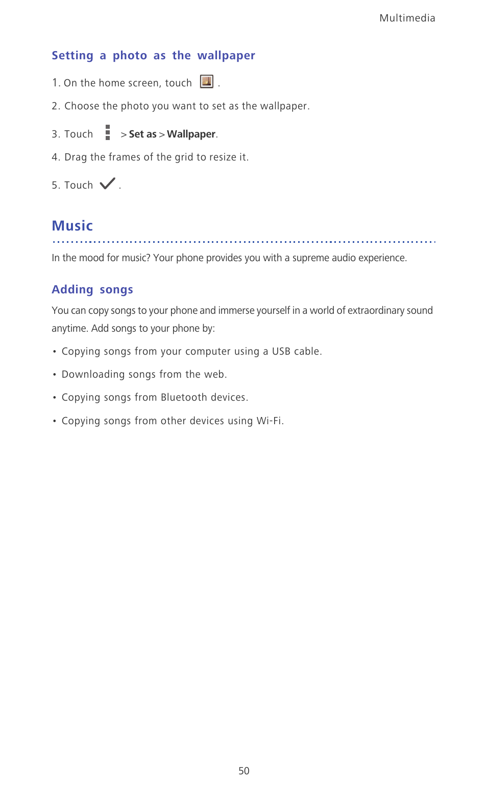 Setting a photo as the wallpaper, Music, Adding songs | Huawei Ascend P6 Quick Start User Manual | Page 55 / 107