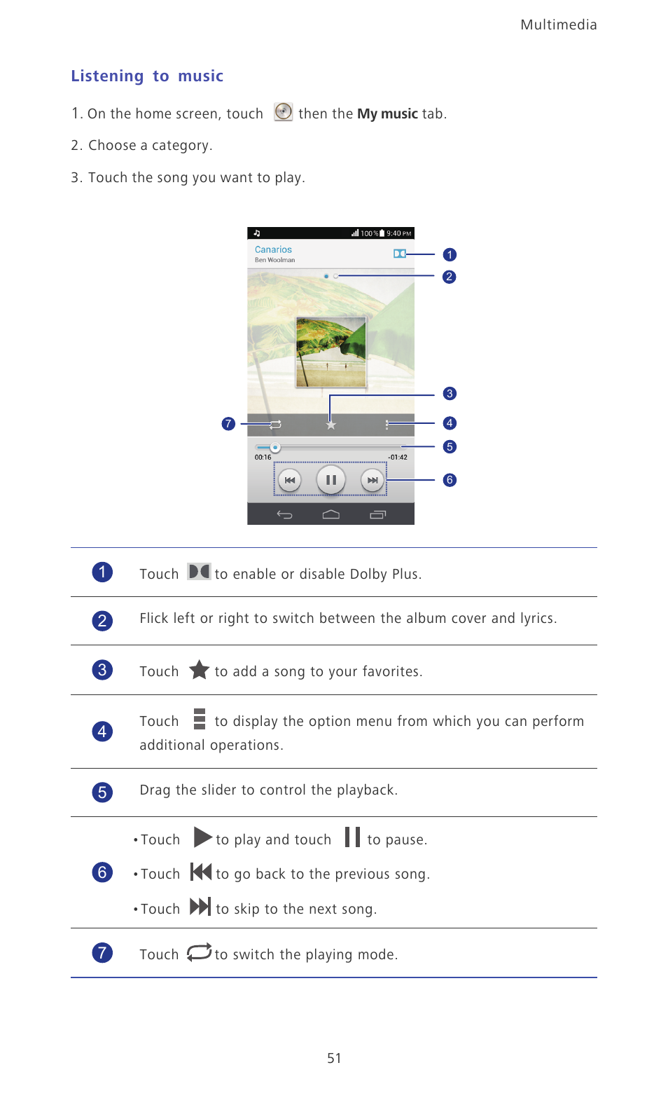 Listening to music | Huawei Ascend P6 Quick Start User Manual | Page 56 / 107