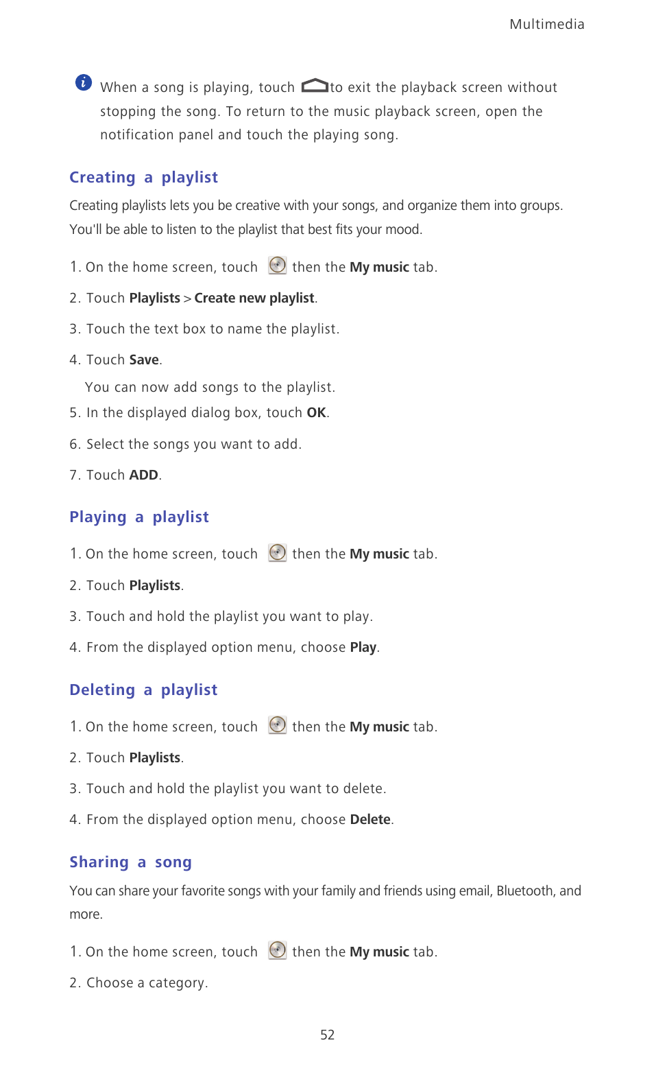 Creating a playlist, Playing a playlist, Deleting a playlist | Sharing a song | Huawei Ascend P6 Quick Start User Manual | Page 57 / 107