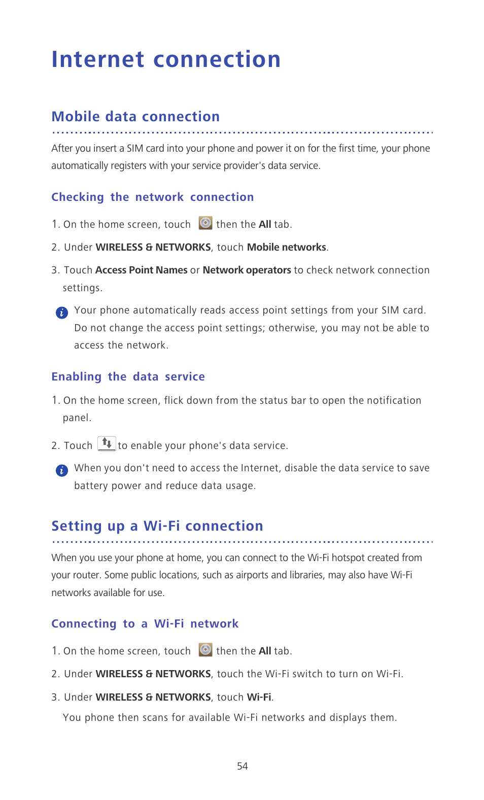 Internet connection, Mobile data connection, Checking the network connection | Enabling the data service, Setting up a wi-fi connection, Connecting to a wi-fi network | Huawei Ascend P6 Quick Start User Manual | Page 59 / 107