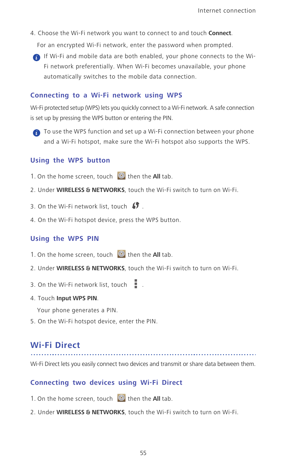 Connecting to a wi-fi network using wps, Using the wps button, Using the wps pin | Wi-fi direct, Connecting two devices using wi-fi direct | Huawei Ascend P6 Quick Start User Manual | Page 60 / 107
