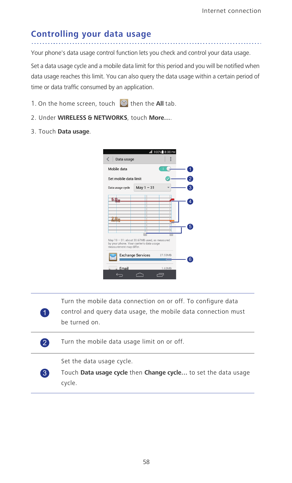 Controlling your data usage | Huawei Ascend P6 Quick Start User Manual | Page 63 / 107
