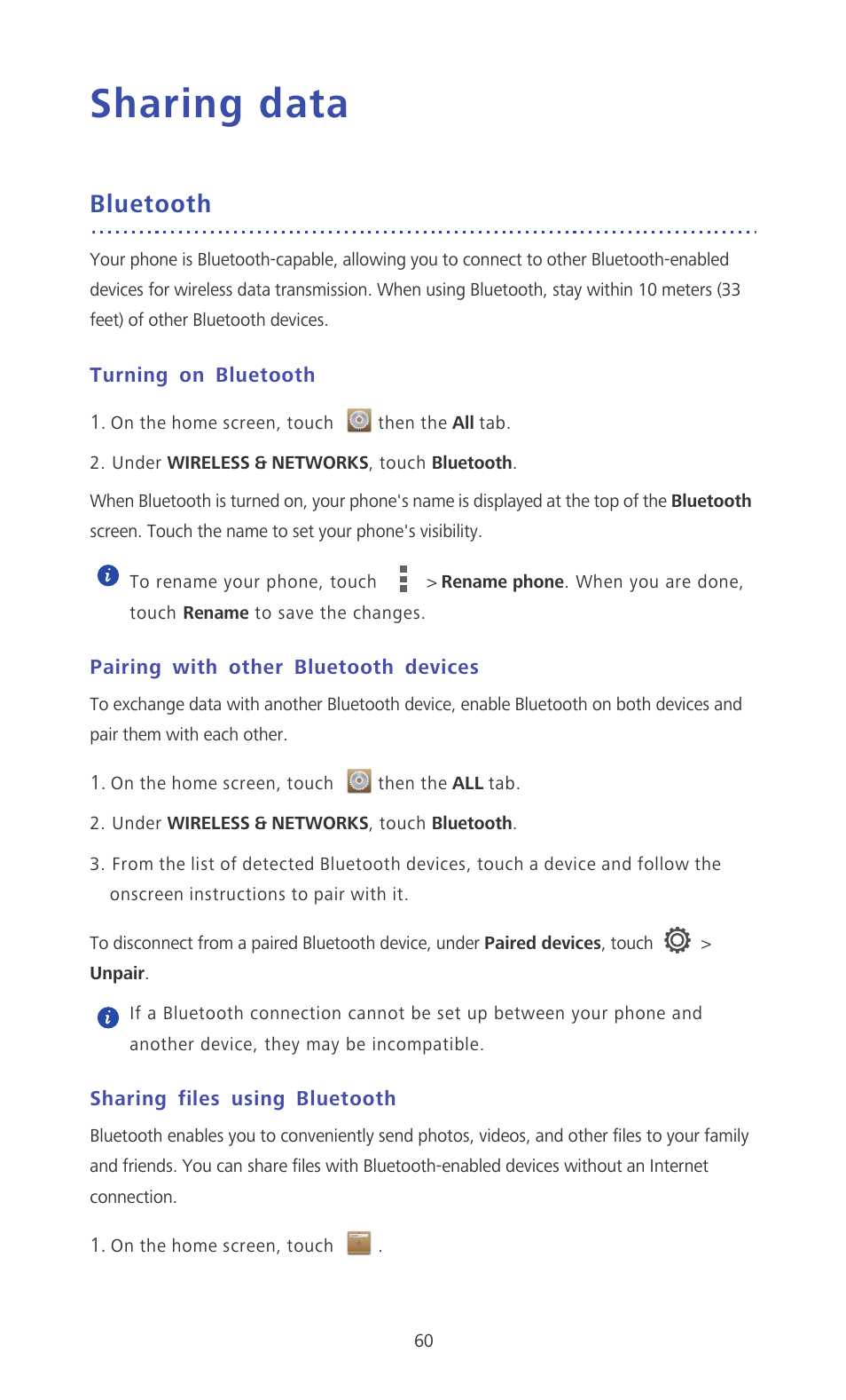 Sharing data, Bluetooth, Turning on bluetooth | Pairing with other bluetooth devices, Sharing files using bluetooth | Huawei Ascend P6 Quick Start User Manual | Page 65 / 107