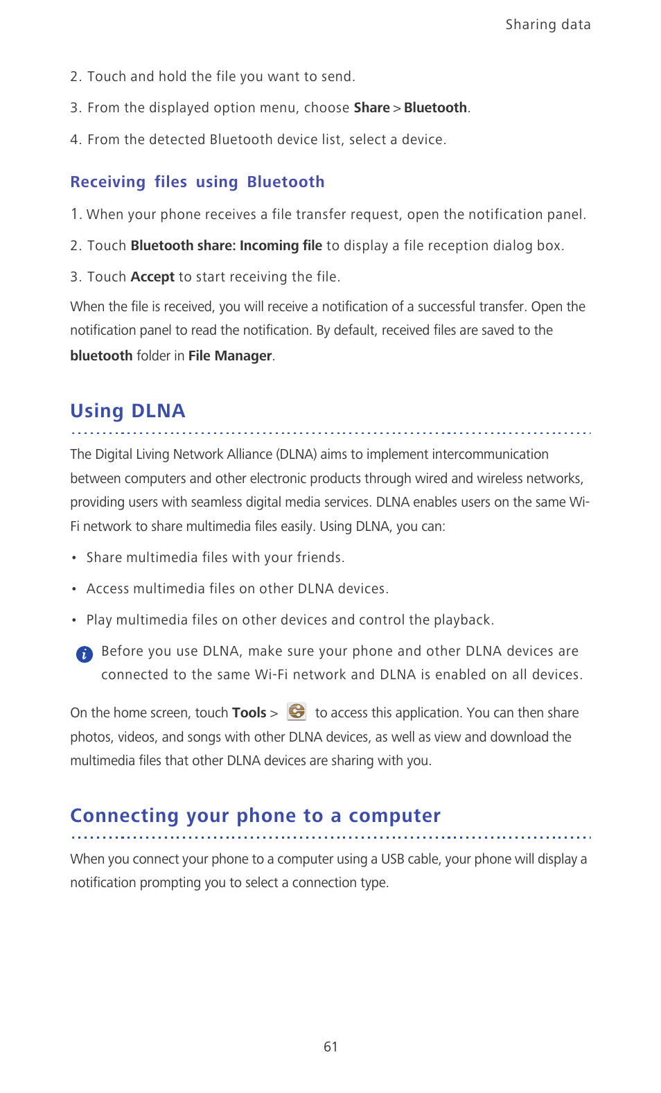 Receiving files using bluetooth, Using dlna, Connecting your phone to a computer | Huawei Ascend P6 Quick Start User Manual | Page 66 / 107