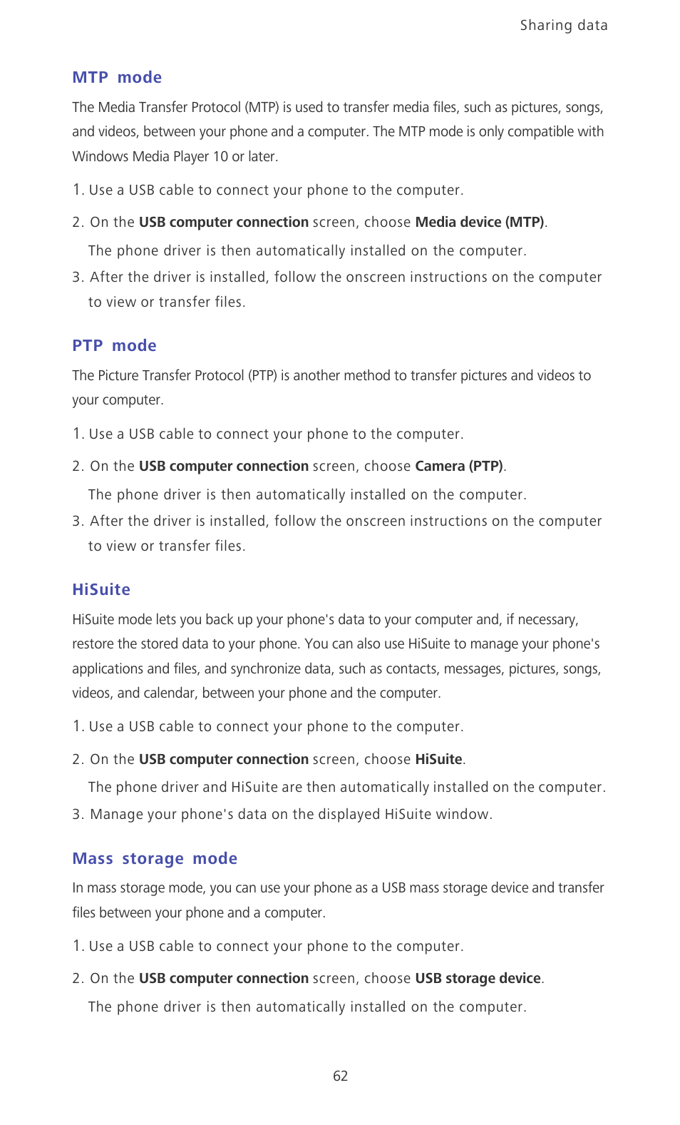 Mtp mode, Ptp mode, Hisuite | Mass storage mode | Huawei Ascend P6 Quick Start User Manual | Page 67 / 107