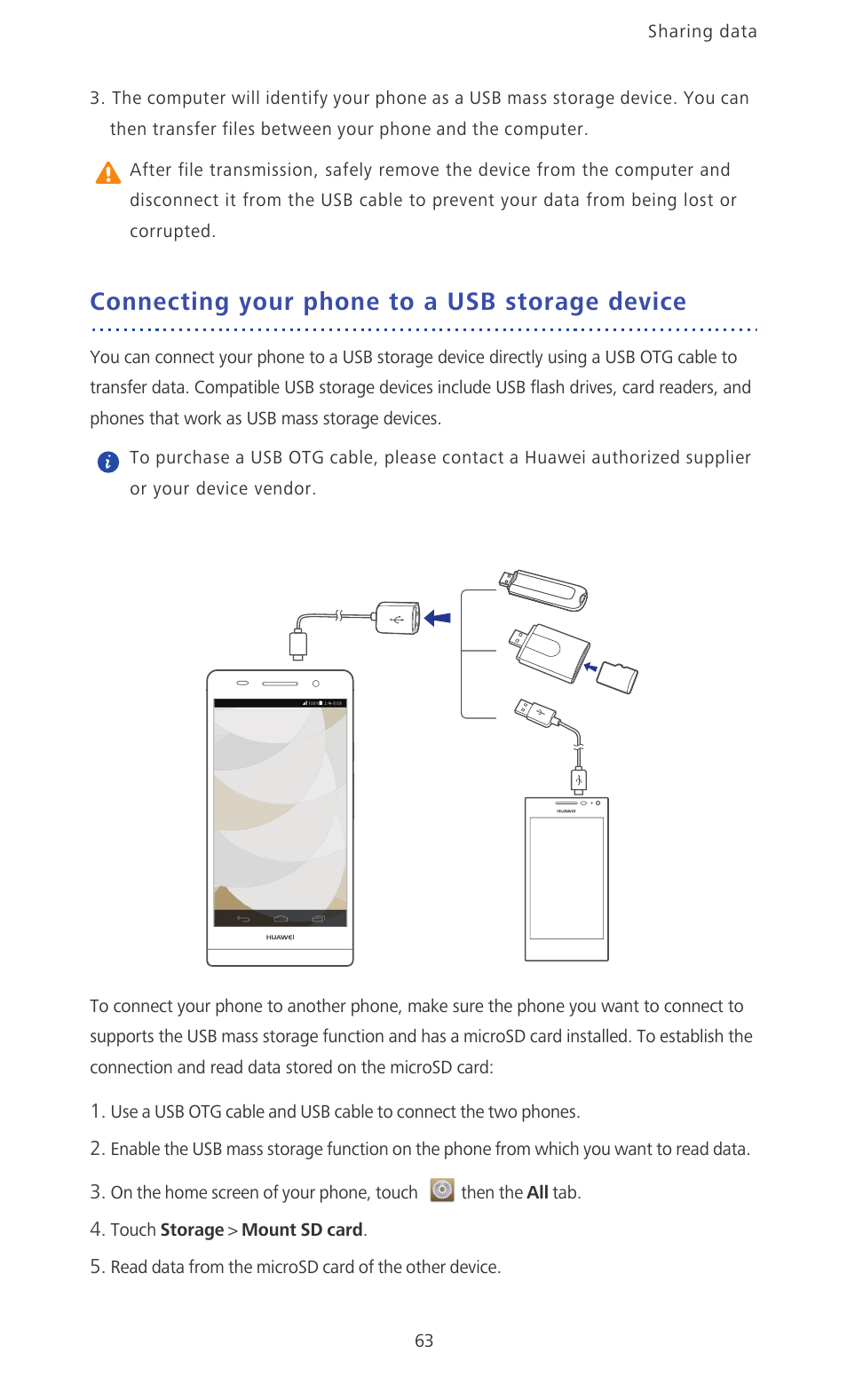 Connecting your phone to a usb storage device | Huawei Ascend P6 Quick Start User Manual | Page 68 / 107