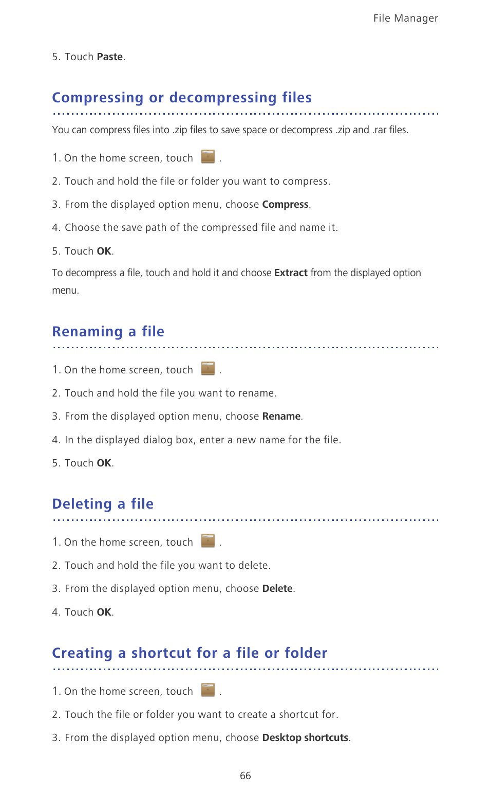 Compressing or decompressing files, Renaming a file, Deleting a file | Creating a shortcut for a file or folder | Huawei Ascend P6 Quick Start User Manual | Page 71 / 107