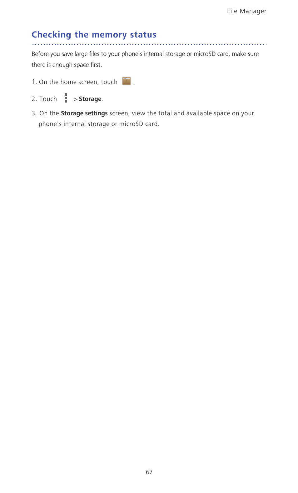 Checking the memory status | Huawei Ascend P6 Quick Start User Manual | Page 72 / 107