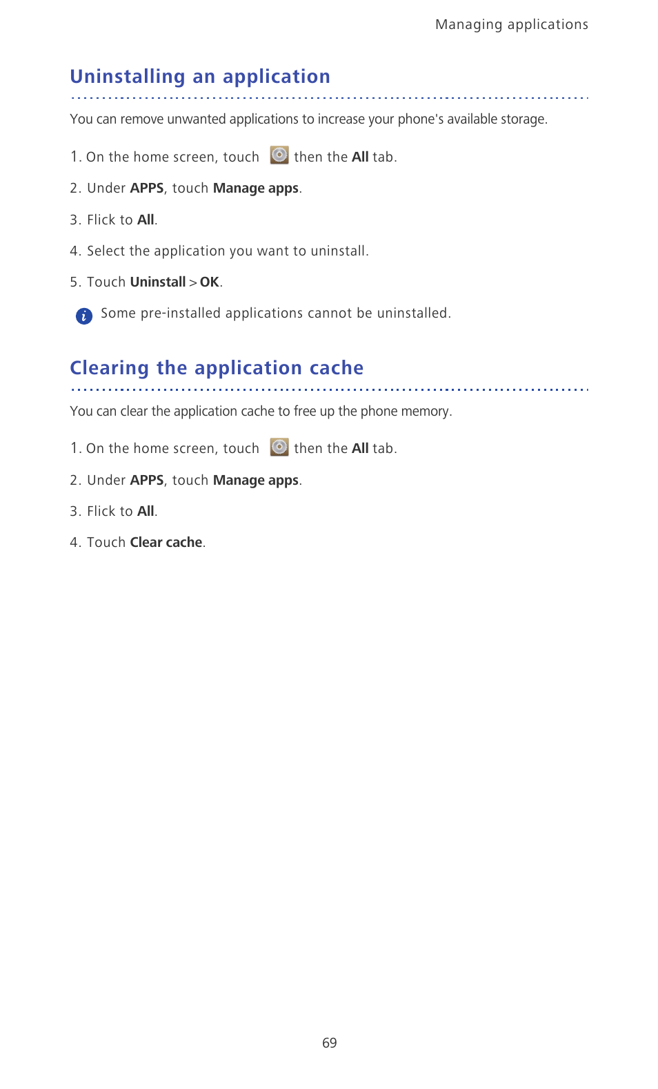 Uninstalling an application, Clearing the application cache | Huawei Ascend P6 Quick Start User Manual | Page 74 / 107