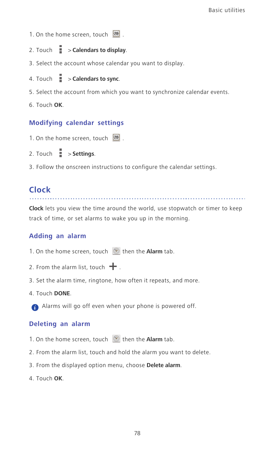 Modifying calendar settings, Clock, Adding an alarm | Deleting an alarm | Huawei Ascend P6 Quick Start User Manual | Page 83 / 107
