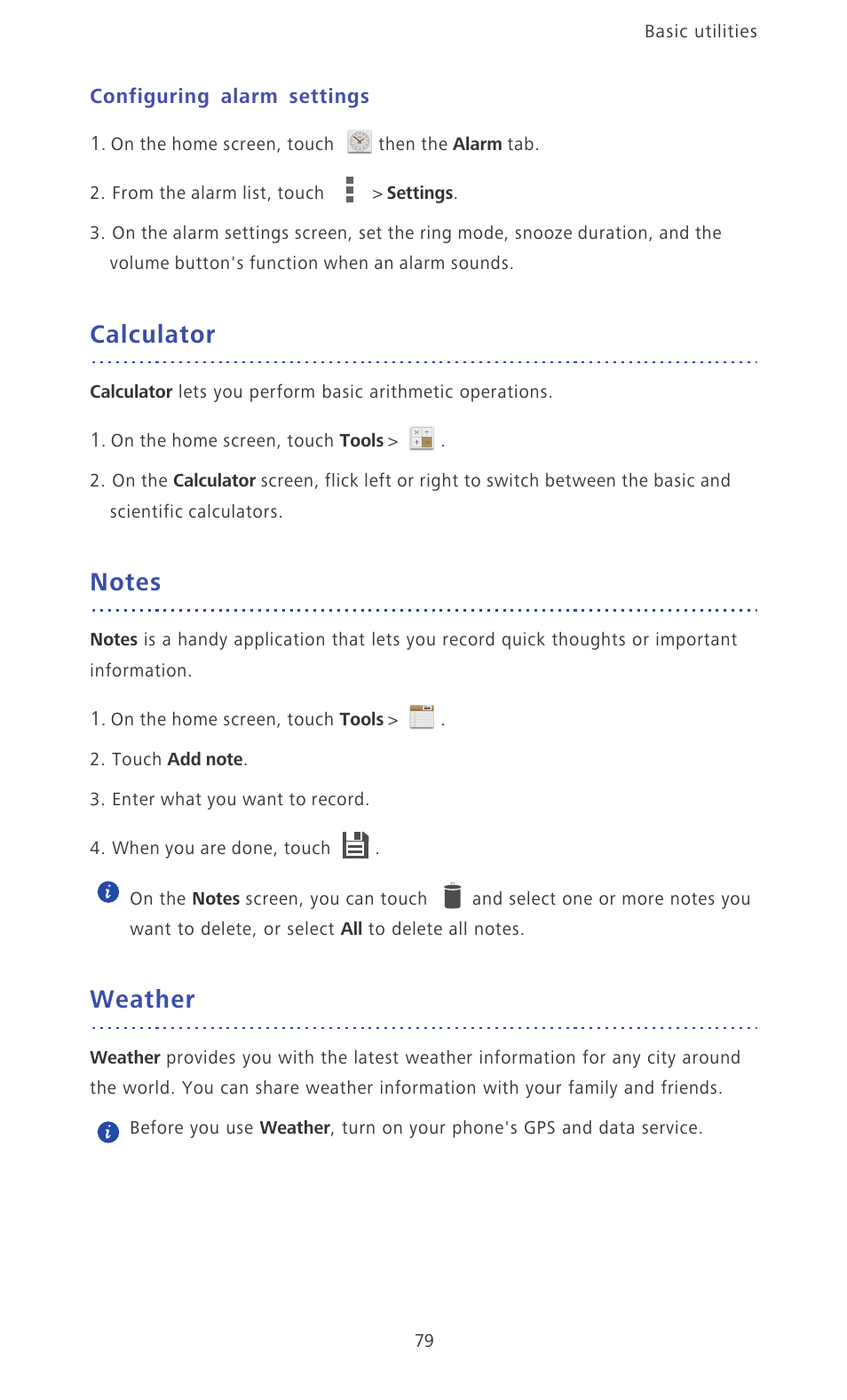 Configuring alarm settings, Calculator, Notes | Weather | Huawei Ascend P6 Quick Start User Manual | Page 84 / 107