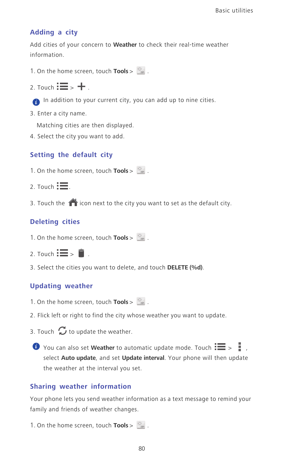 Adding a city, Setting the default city, Deleting cities | Updating weather, Sharing weather information | Huawei Ascend P6 Quick Start User Manual | Page 85 / 107