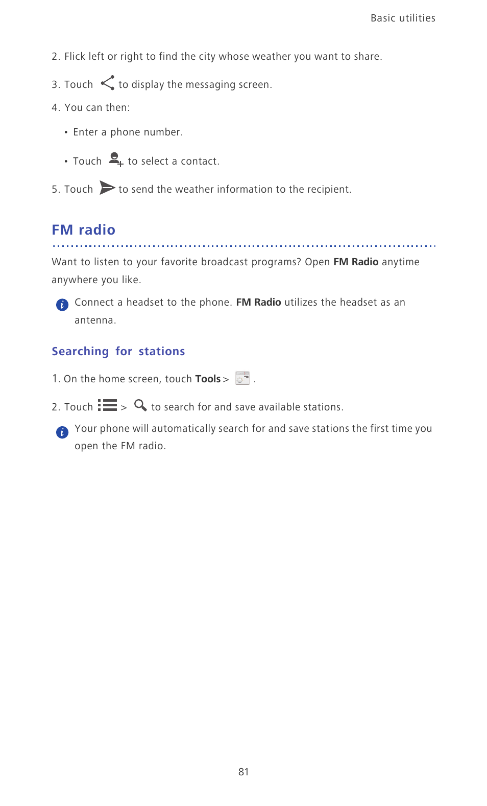 Fm radio, Searching for stations | Huawei Ascend P6 Quick Start User Manual | Page 86 / 107
