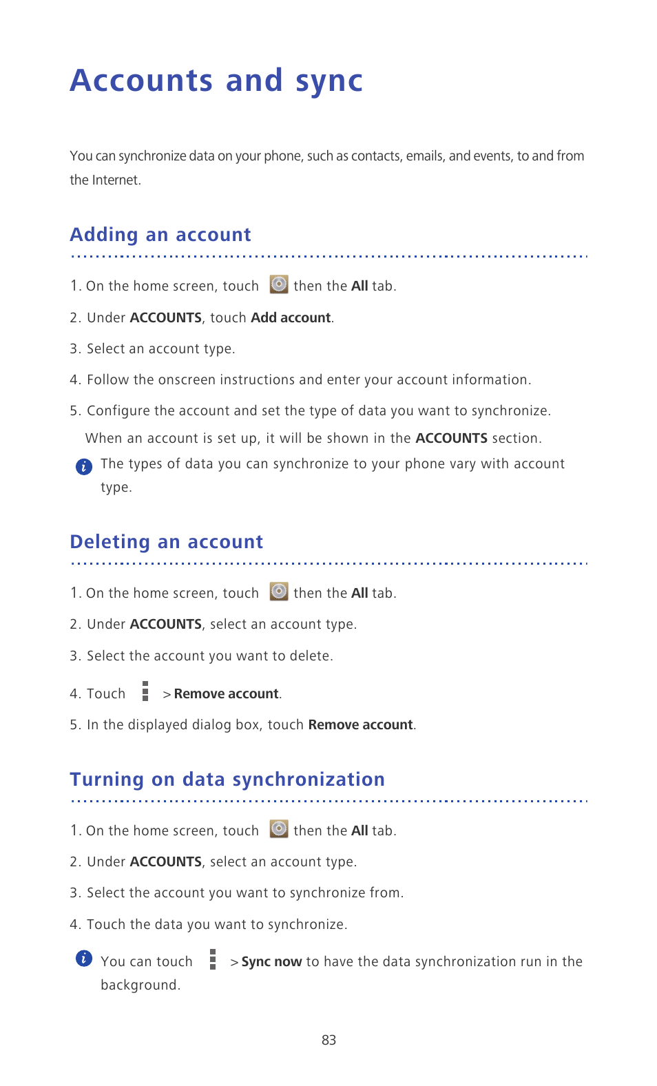Accounts and sync, Adding an account, Deleting an account | Turning on data synchronization | Huawei Ascend P6 Quick Start User Manual | Page 88 / 107