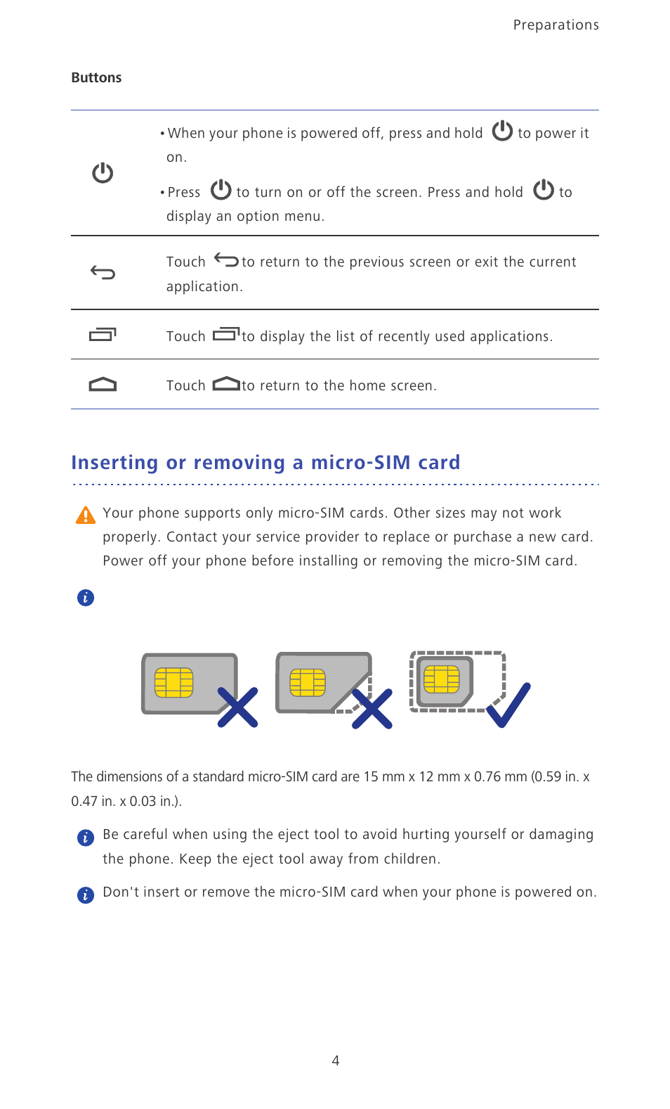 Inserting or removing a micro-sim card | Huawei Ascend P6 Quick Start User Manual | Page 9 / 107