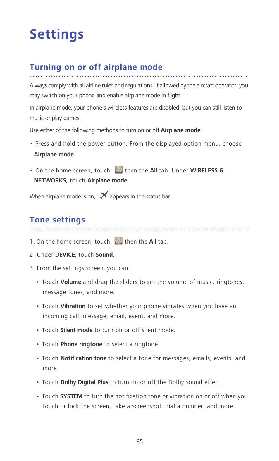 Settings, Turning on or off airplane mode, Tone settings | Huawei Ascend P6 Quick Start User Manual | Page 90 / 107