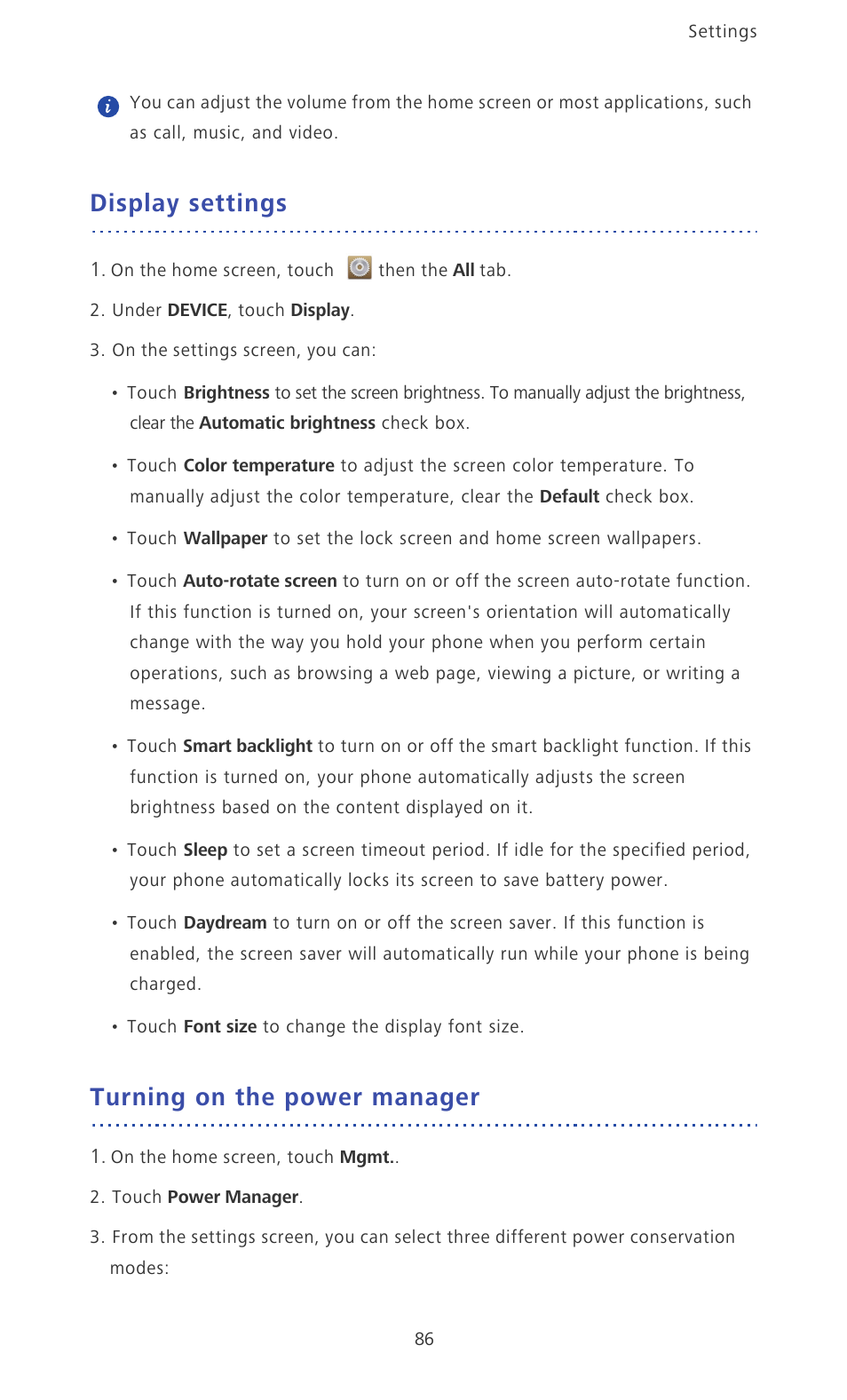 Display settings, Turning on the power manager | Huawei Ascend P6 Quick Start User Manual | Page 91 / 107