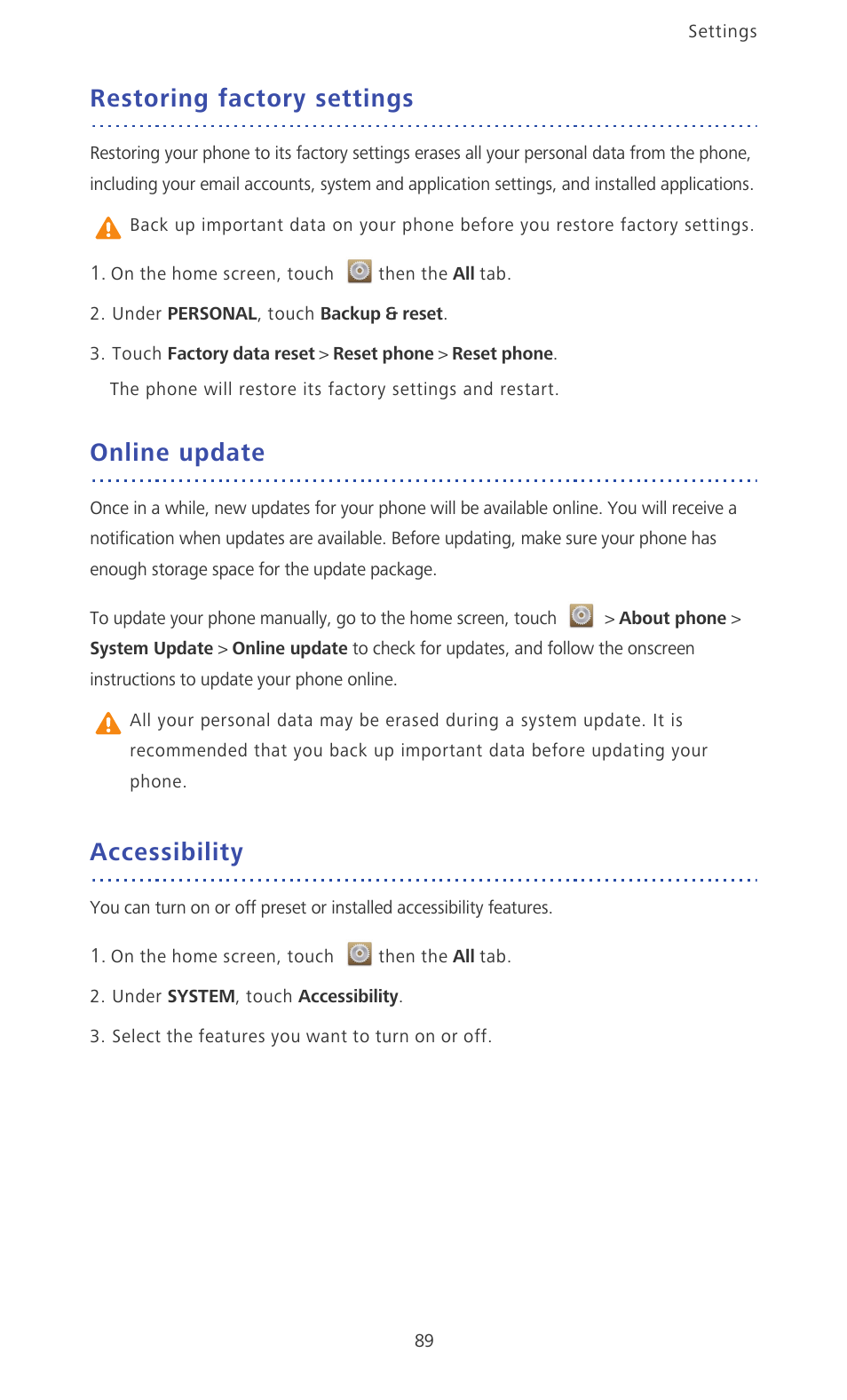 Restoring factory settings, Online update, Accessibility | Huawei Ascend P6 Quick Start User Manual | Page 94 / 107