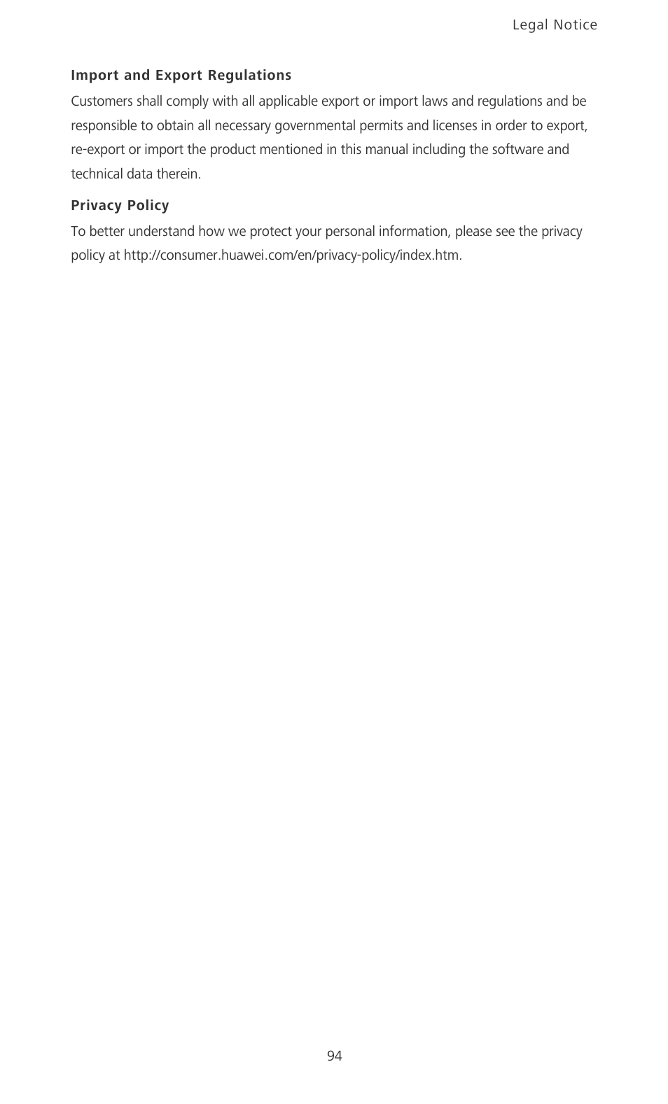 Import and export regulations, Privacy policy | Huawei Ascend P6 Quick Start User Manual | Page 99 / 107