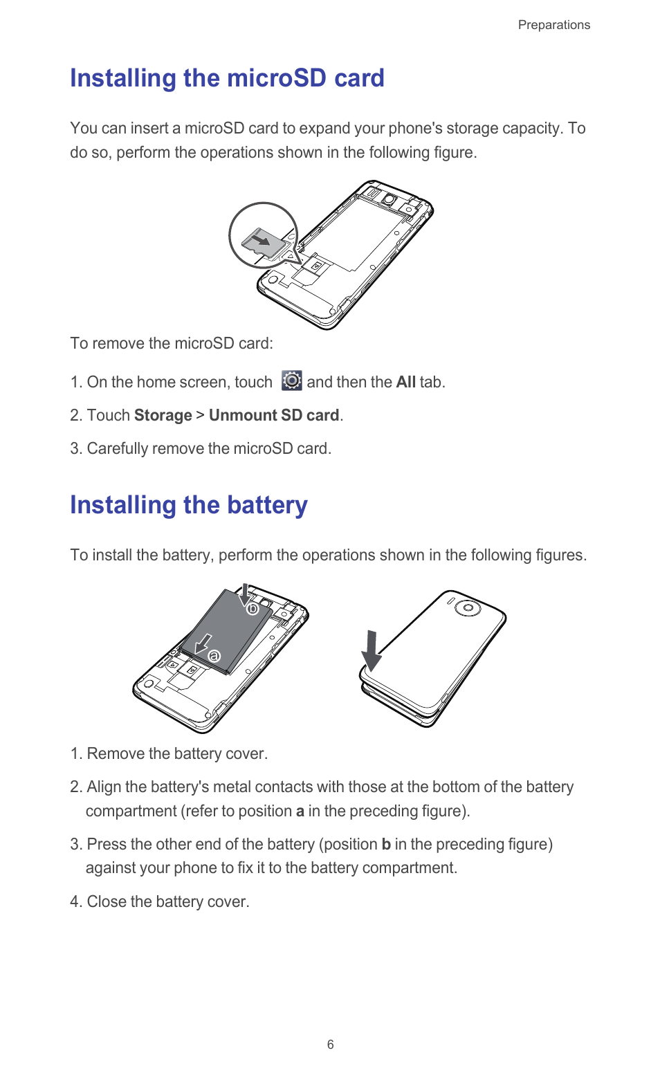 Installing the microsd card, Installing the battery, Installing the microsd card installing the battery | Huawei Ascend G510 User Guide User Manual | Page 11 / 94