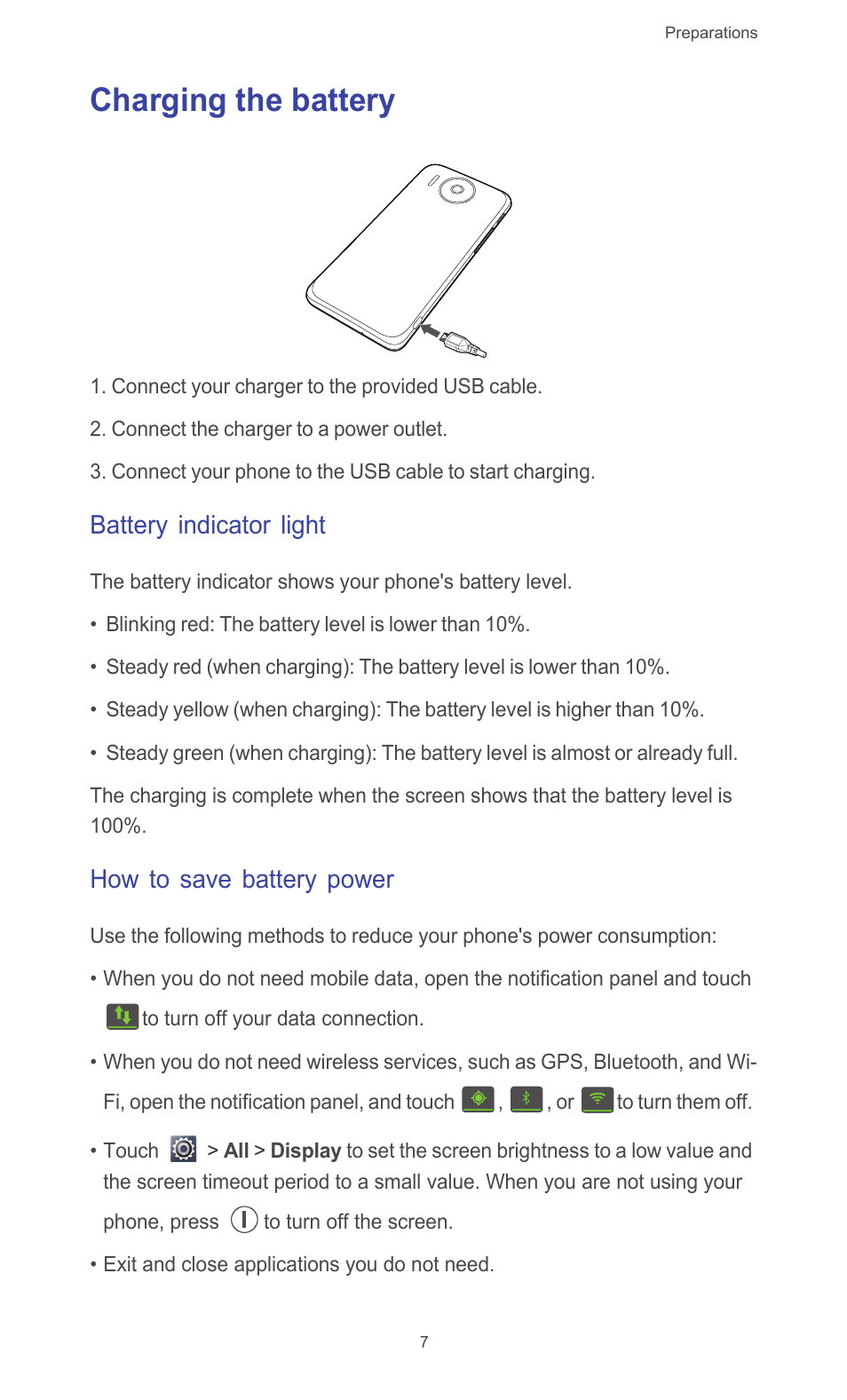 Charging the battery, Battery indicator light, How to save battery power | Huawei Ascend G510 User Guide User Manual | Page 12 / 94