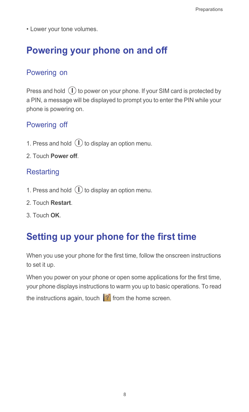 Powering your phone on and off, Powering on, Powering off | Restarting, Setting up your phone for the first time | Huawei Ascend G510 User Guide User Manual | Page 13 / 94