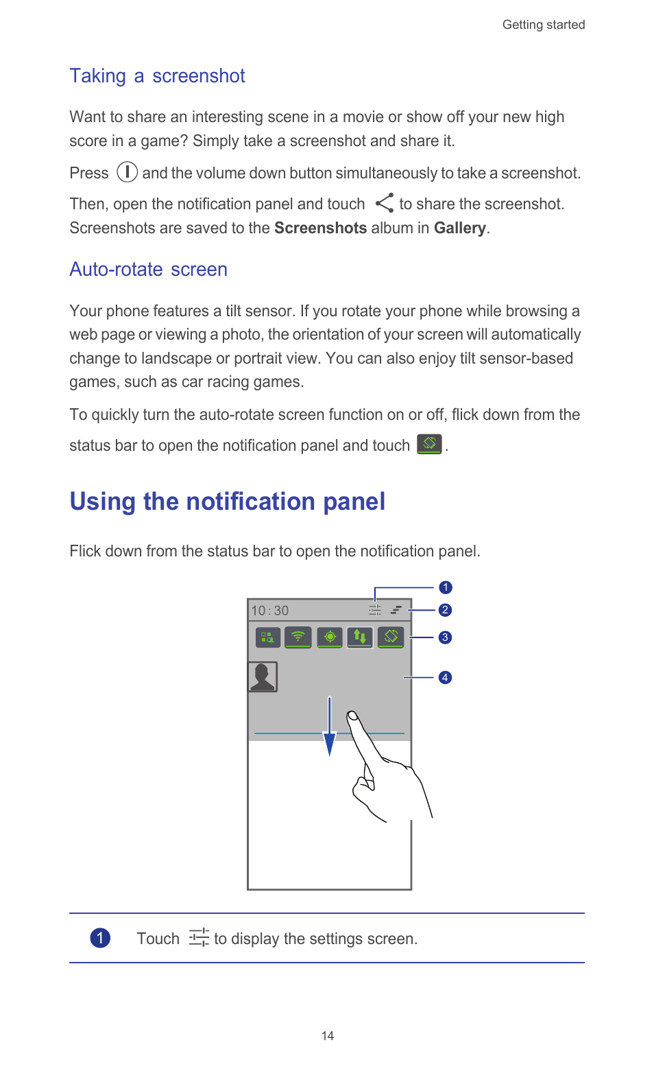 Taking a screenshot, Auto-rotate screen, Using the notification panel | Huawei Ascend G510 User Guide User Manual | Page 19 / 94