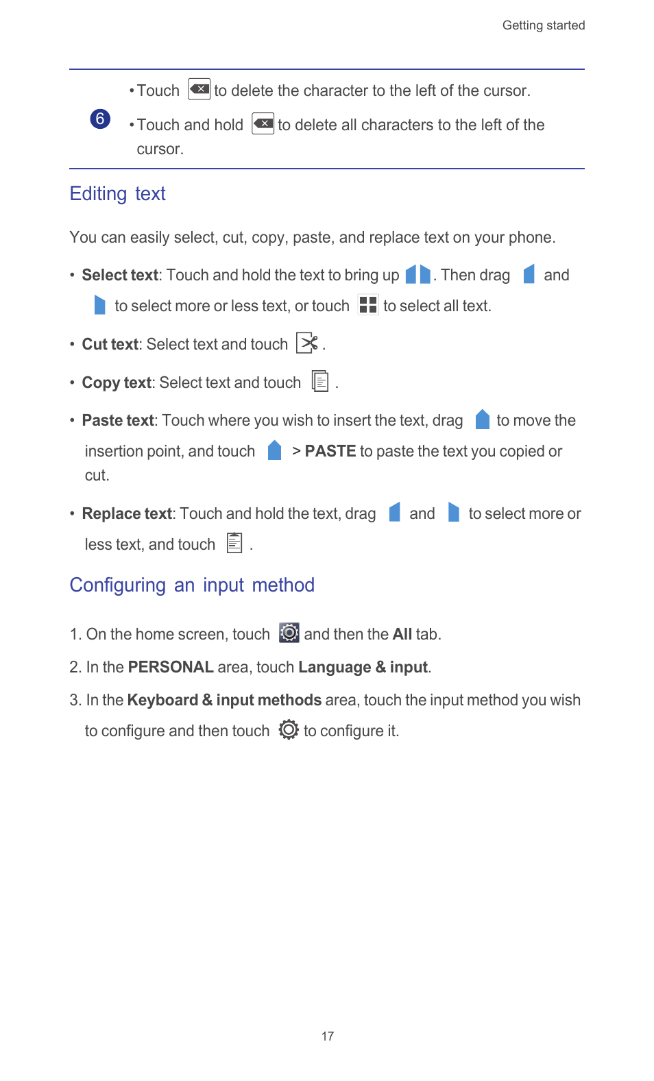 Editing text, Configuring an input method | Huawei Ascend G510 User Guide User Manual | Page 22 / 94