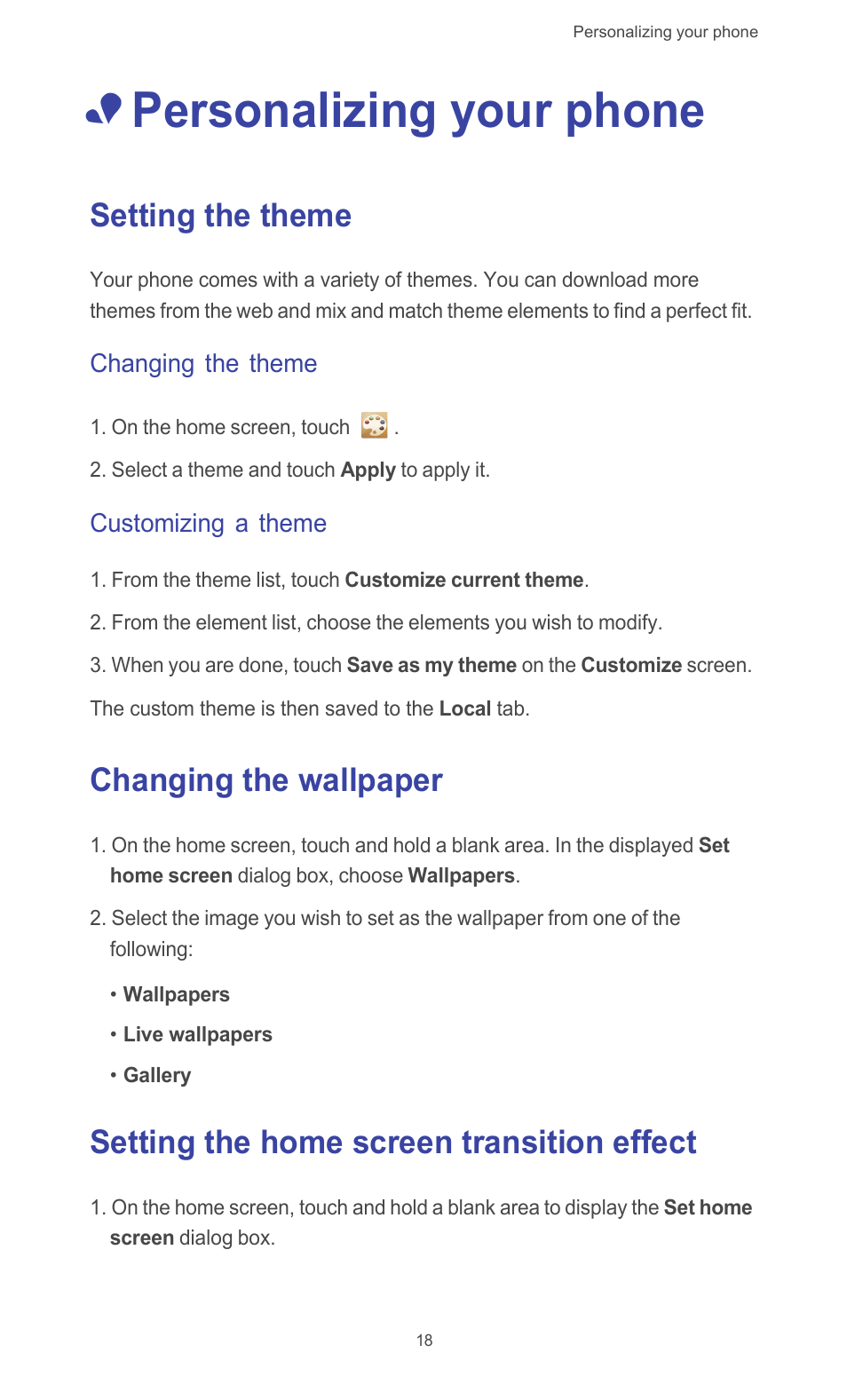 Personalizing your phone, Setting the theme, Changing the theme | Customizing a theme, Changing the wallpaper, Setting the home screen transition effect | Huawei Ascend G510 User Guide User Manual | Page 23 / 94