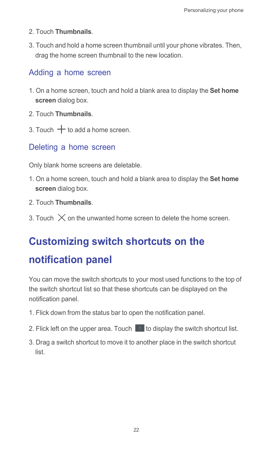 Adding a home screen, Deleting a home screen | Huawei Ascend G510 User Guide User Manual | Page 27 / 94