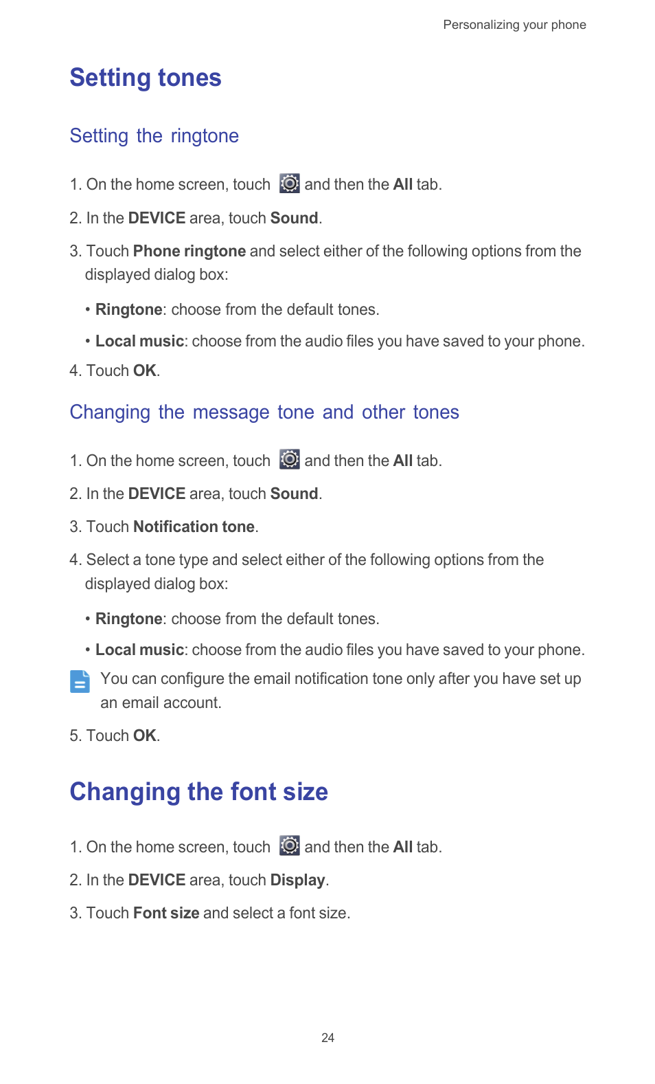 Setting tones, Setting the ringtone, Changing the message tone and other tones | Changing the font size, Setting tones changing the font size | Huawei Ascend G510 User Guide User Manual | Page 29 / 94