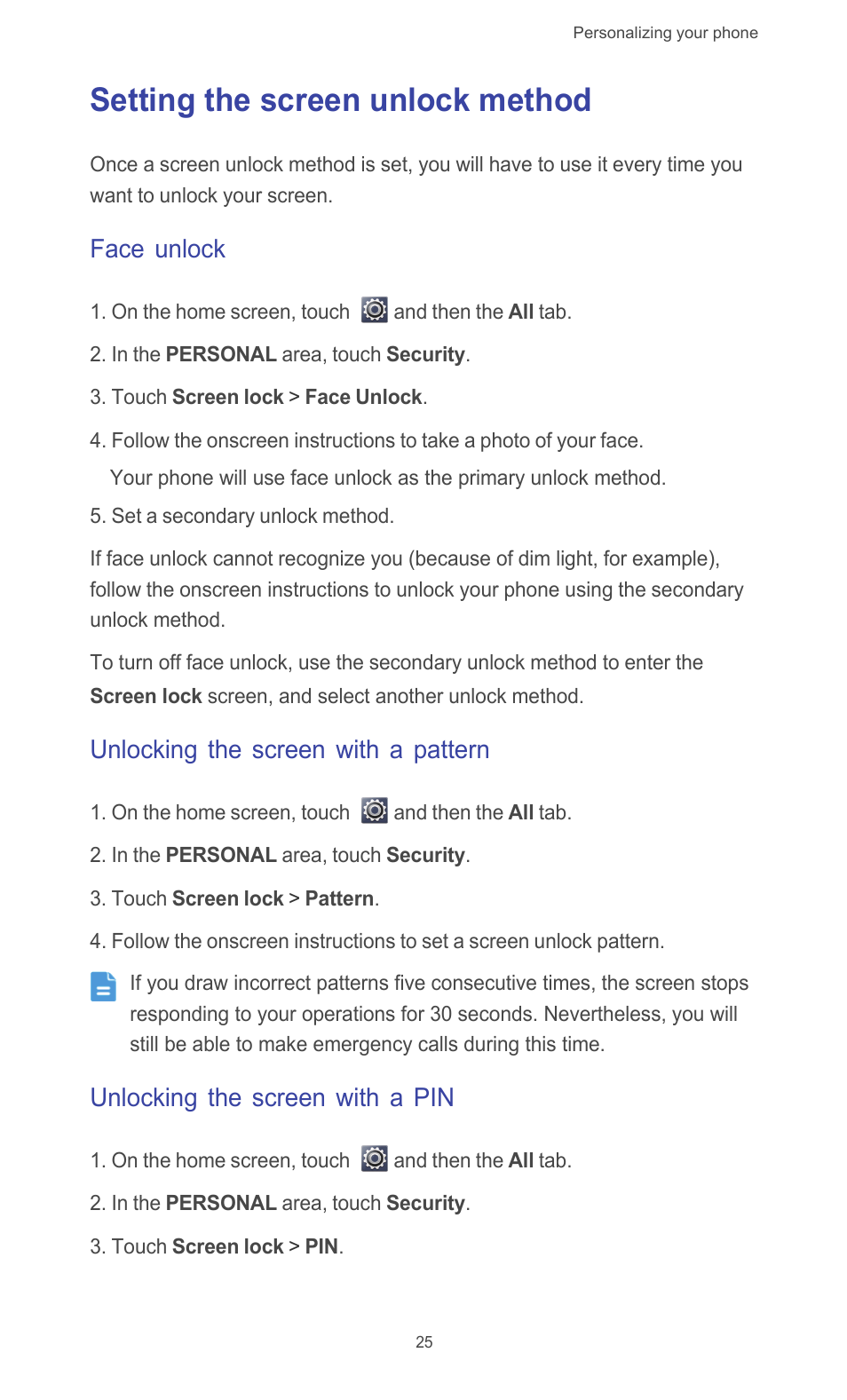 Setting the screen unlock method, Face unlock, Unlocking the screen with a pattern | Unlocking the screen with a pin | Huawei Ascend G510 User Guide User Manual | Page 30 / 94