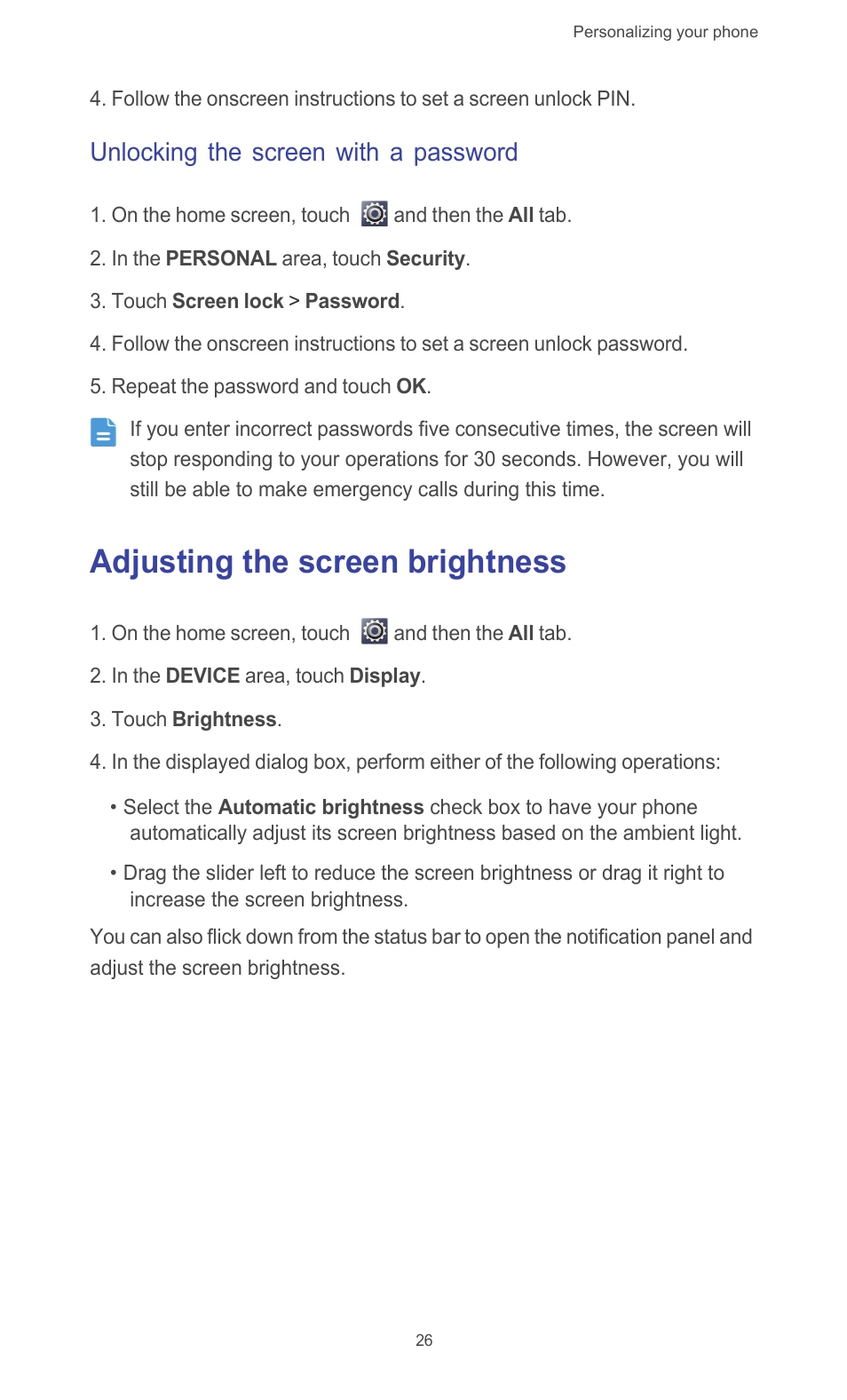Unlocking the screen with a password, Adjusting the screen brightness | Huawei Ascend G510 User Guide User Manual | Page 31 / 94